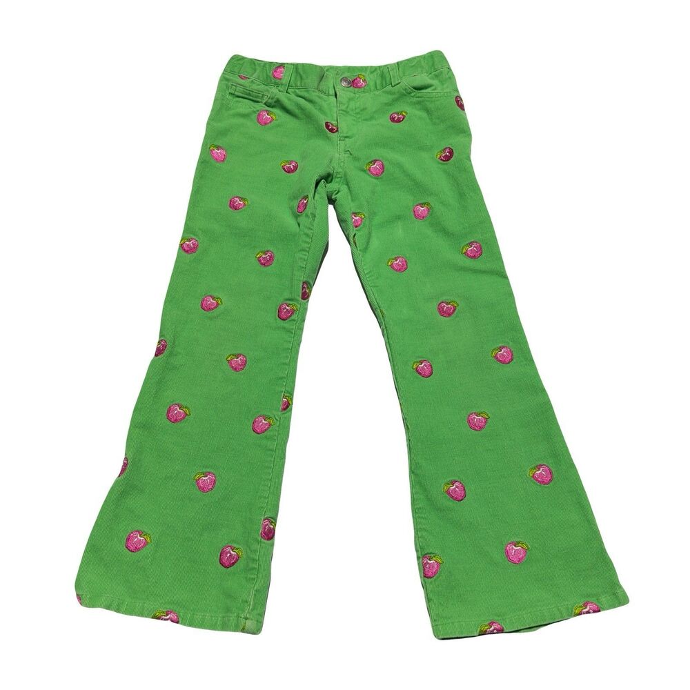 Lilly Pulitzer Vintage Girls Corduroy Pants Green Pink Embroidered Apple Size 6X